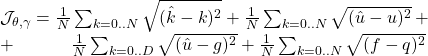 \mathcal{J}_{\theta, \gamma} = \frac{1}{N} \sum_{k=0..N} \sqrt{(\hat{k}-k)^{2}} + \frac{1}{N}\sum_{k=0..N} \sqrt{(\hat{u}-u)^{2}} + \\ + \hspace{3em} \frac{1}{N}\sum_{k=0..D} \sqrt{(\hat{u}-g)^{2}} + \frac{1}{N}\sum_{k=0..N} \sqrt{(f-q)^{2}}  