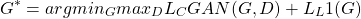 \begin{equation*} G^*=arg min_G max_D L_CGAN (G,D) + λL_L1 (G) \end{equation*}