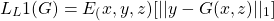 \begin{equation*} L_L1 (G) = E_(x,y,z) [||y - G(x,z)||_1] \end{equation*}